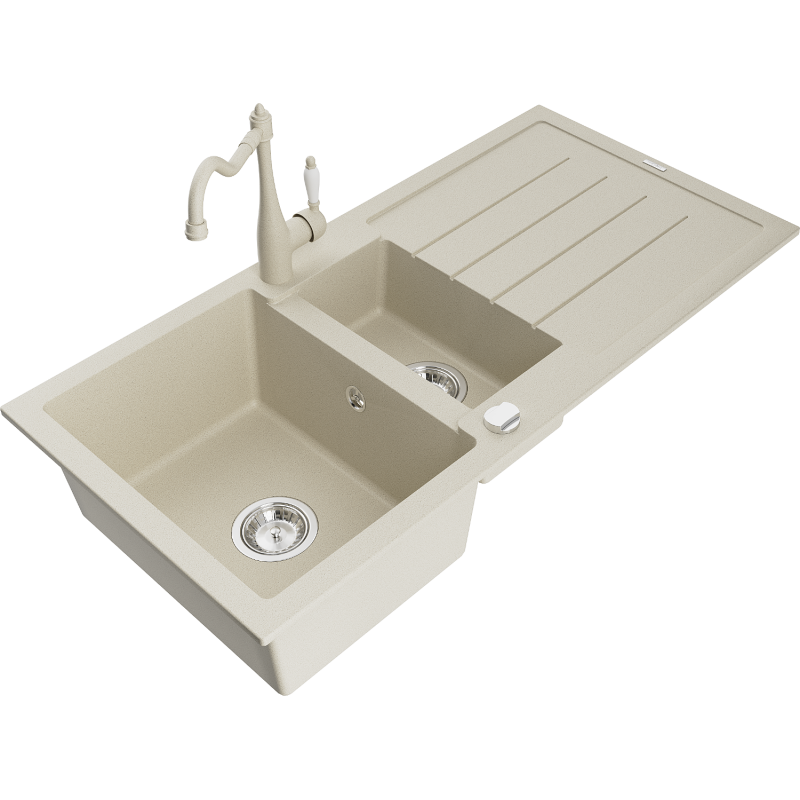 Mexen Andres žulový dřez 1,5-komorový s odkapávačem a kuchyňskou baterií Carla, béžový - 6515-69-670700-69