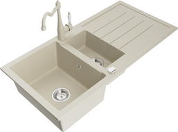 Mexen Andres žulový dřez 1,5-komorový s odkapávačem a kuchyňskou baterií Carla, béžový - 6515-69-670700-69