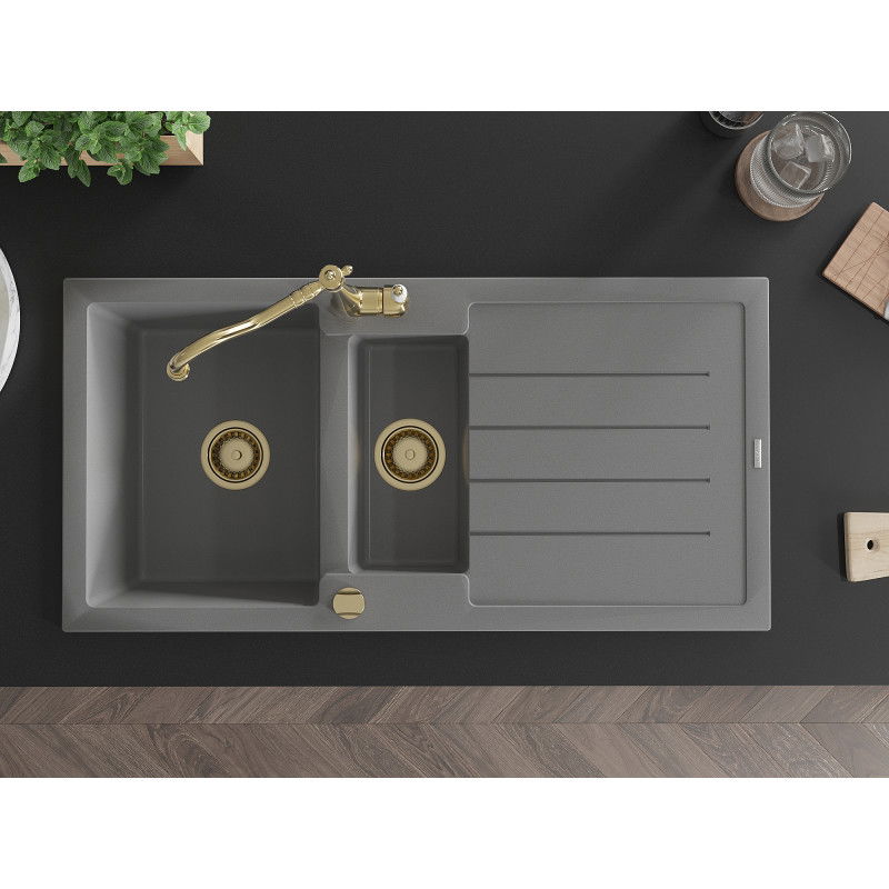 Mexen Andres žulový dřez 1,5 komorový s odkapávačem a kuchyňskou baterií Carla, šedý - 6515-71-670700-50