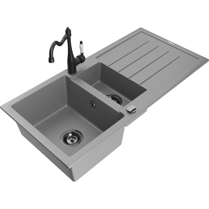 Mexen Andres žulový dřez 1,5-komorový s odkapávačem a kuchyňskou baterií Carla, šedý - 6515-71-670700-70-B