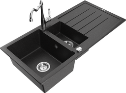 Mexen Andres granitový dřez, 1,5-komorový s odkapávačem a kuchyňskou baterií Carla, černý/stříbrný - 6515-73-670700-00