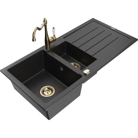 Mexen Andres žulový dřez 1,5-komorový s odkapávačem a kuchyňskou baterií Carla, černý/stříbrný - 6515-73-670700-50