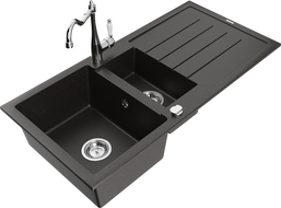 Mexen Andres granitový dřez 1,5komorový s odkapávačem a kuchyňskou baterií Carla, černá/zlatý metalický - 6515-75-670700-00
