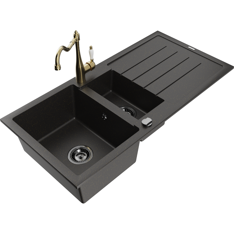 Mexen Andres žulový dřez 1,5-komorový s odkapávačem a kuchyňskou baterií Carla, černý/zlatý - 6515-75-670700-50-B