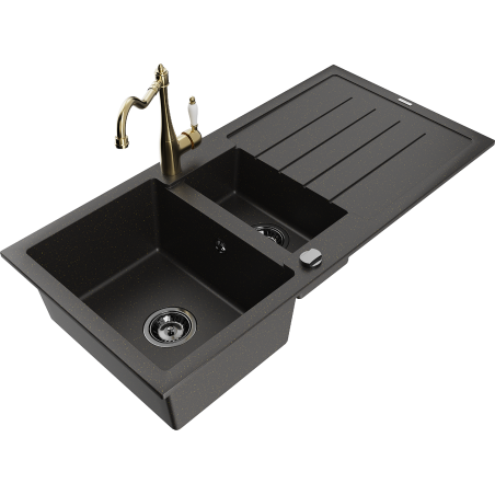 Mexen Andres žulový dřez 1,5-komorový s odkapávačem a kuchyňskou baterií Carla, černý/zlatý - 6515-75-670700-50-B