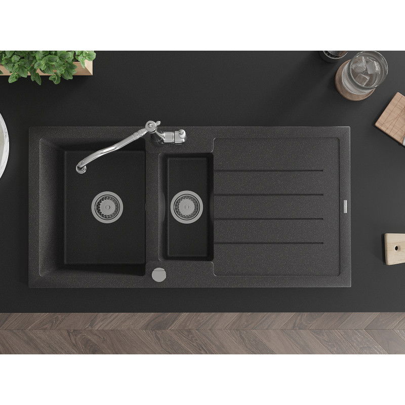 Mexen Andres granitový dřez 1,5-komorový s odkapávačem a kuchyňskou baterií Carla, černý s tečkováním - 6515-76-670700-00