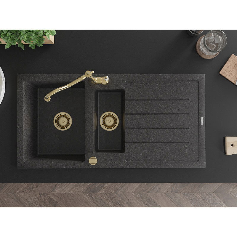 Mexen Andres granitový dřez 1,5-komorový s odkapávačem a kuchyňskou baterií Carla, černý skvrnitý - 6515-76-670700-50