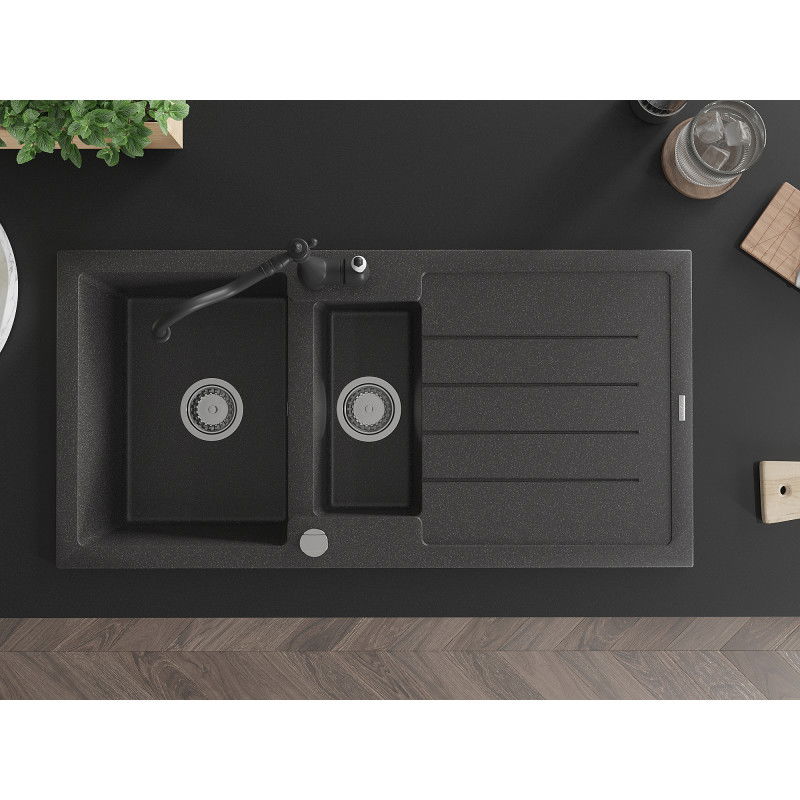 Mexen Andres granitový dřez 1,5-komorový s odkapávačem a kuchyňskou baterií Carla, černý skvrnitý - 6515-76-670700-70