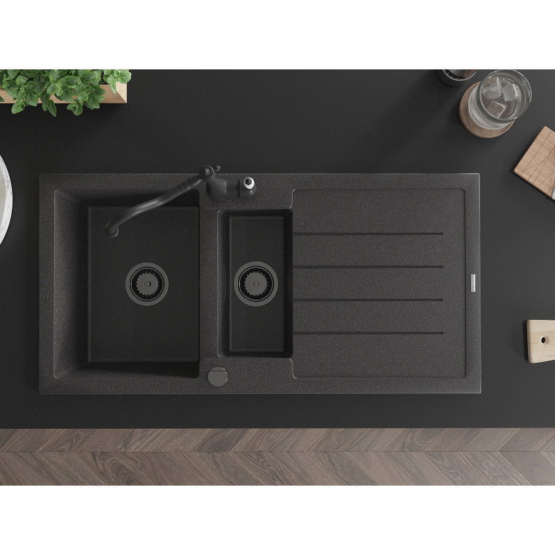 Mexen Andres žulový dřez 1,5 komorový s odkapávačem a kuchyňskou baterií Carla, černý s kropením - 6515-76-670700-70-B