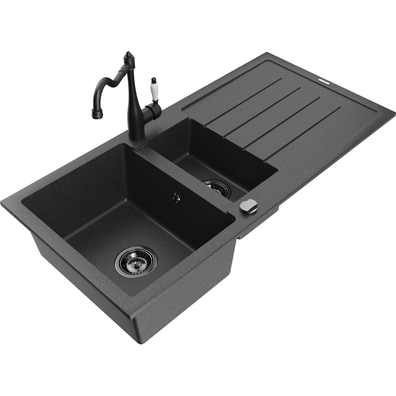 Mexen Andres žulový dřez 1,5 komorový s odkapávačem a kuchyňskou baterií Carla, černý s kropením - 6515-76-670700-70-B