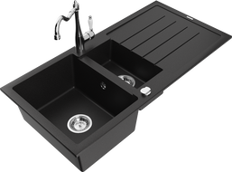 Mexen Andres granitový dřez 1,5-komorový s odkapávačem a kuchyňskou baterií Carla, černý - 6515-77-670700-00