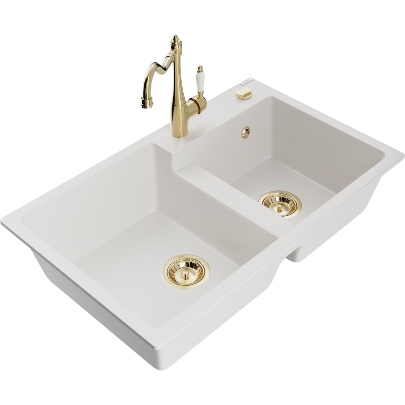 Mexen Tomas žulový dřez dvoukomorový s kuchyňskou baterií Carla, bílý - 6516-20-670700-50