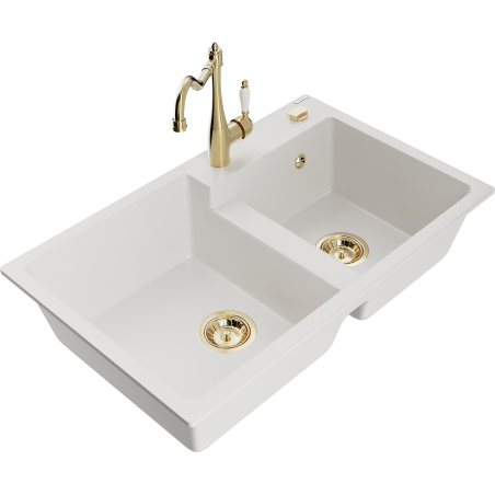 Mexen Tomas žulový dřez dvoukomorový s kuchyňskou baterií Carla, bílý - 6516-20-670700-50