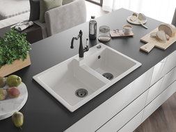 Mexen Tomas granitový dřez 2-komorový s kuchyňskou baterií Carla, bílý - 6516-20-670700-70