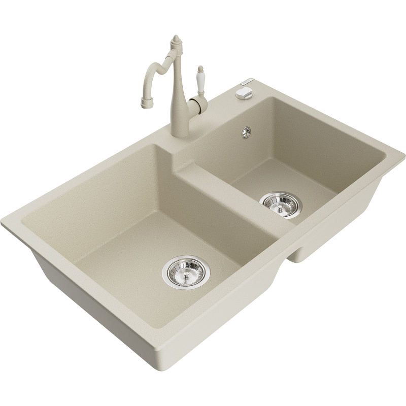 Mexen Tomas dvoukomorový žulový dřez s kuchyňskou baterií Carla, béžový - 6516-69-670700-69