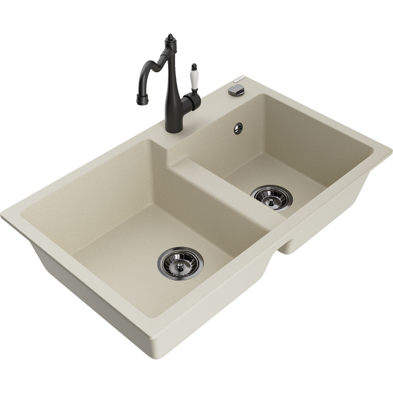 Mexen Tomas granitový dřez 2-komorový s kuchyňskou baterií Carla, béžový - 6516-69-670700-70