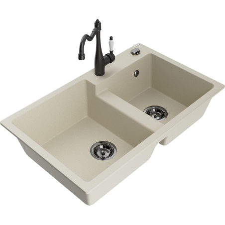 Mexen Tomas granitový dřez 2-komorový s kuchyňskou baterií Carla, béžový - 6516-69-670700-70
