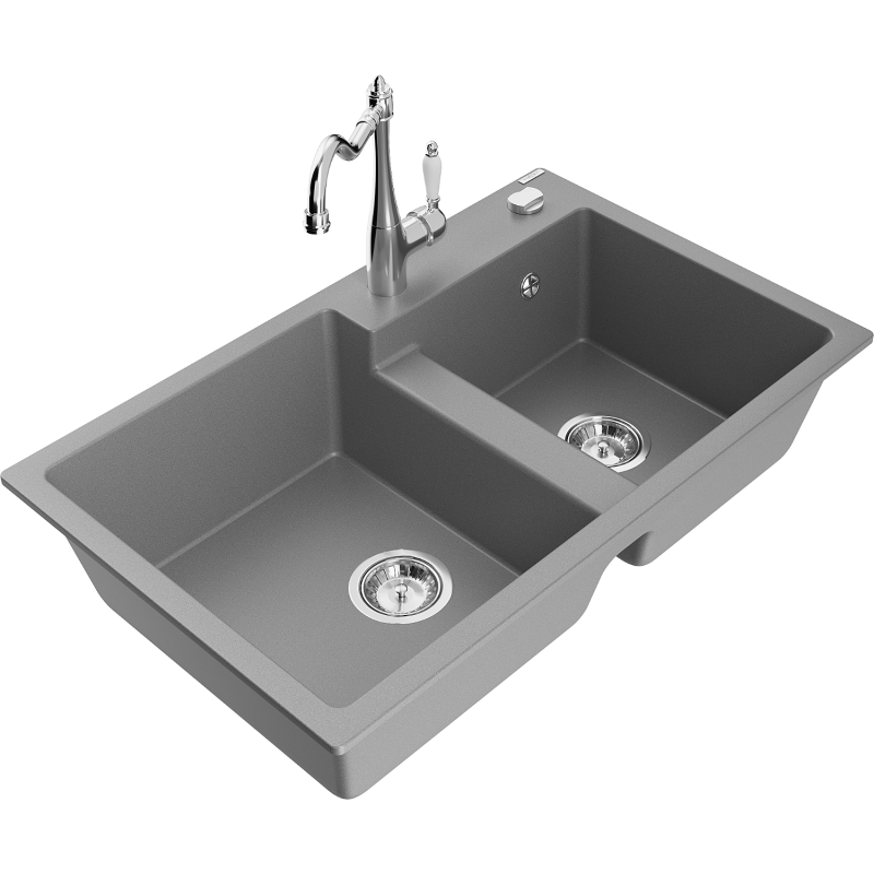 Mexen Tomas dřez granitový 2-komorový s kuchyňskou baterií Carla, šedý - 6516-71-670700-00