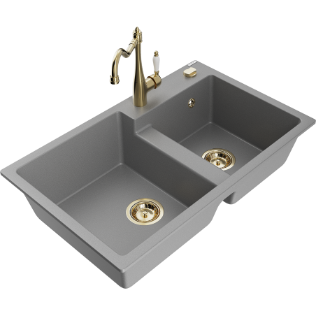 Mexen Tomas granitový dřez 2-komorový s kuchyňskou baterií Carla, šedý - 6516-71-670700-50
