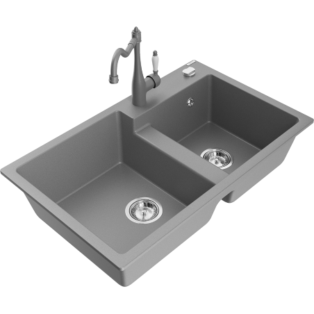 Mexen Tomas granitový dřez 2-komorový s kuchyňskou baterií Carla, šedý - 6516-71-670700-71