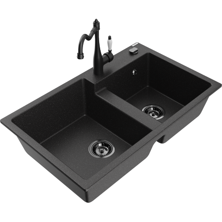 Mexen Tomas žulový dřez 2-komorový s kuchyňskou baterií Carla, černá/stříbrná metalíza - 6516-73-670700-70-B