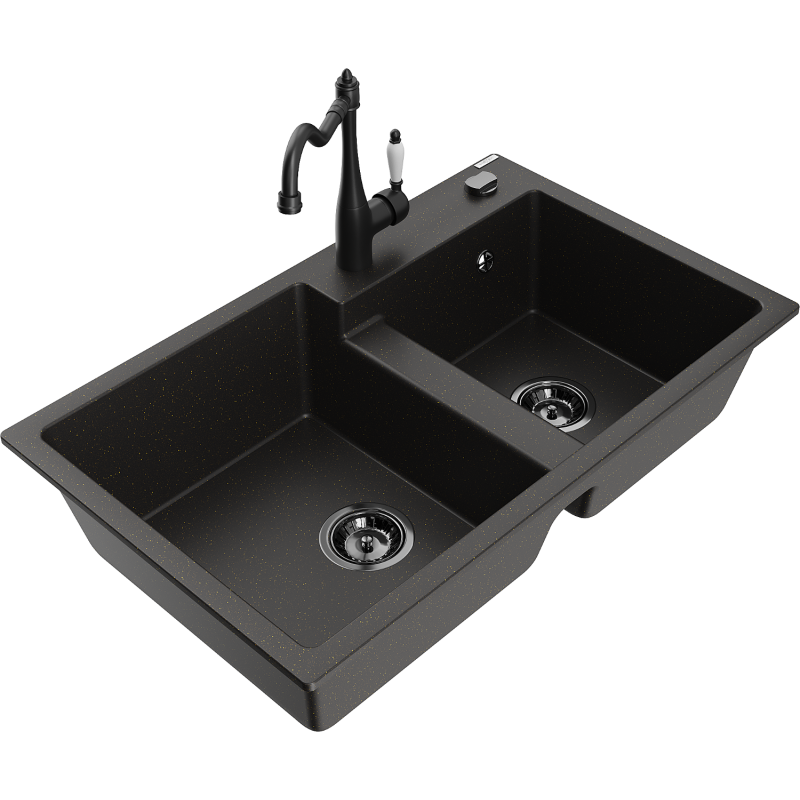 Mexen Tomas granitový dřez 2-komorový s kuchyňskou baterií Carla, černý/zlatý metalik - 6516-75-670700-70-B