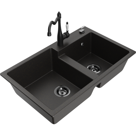 Mexen Tomas granitový dřez 2-komorový s kuchyňskou baterií Carla, černý/zlatý metalik - 6516-75-670700-70-B
