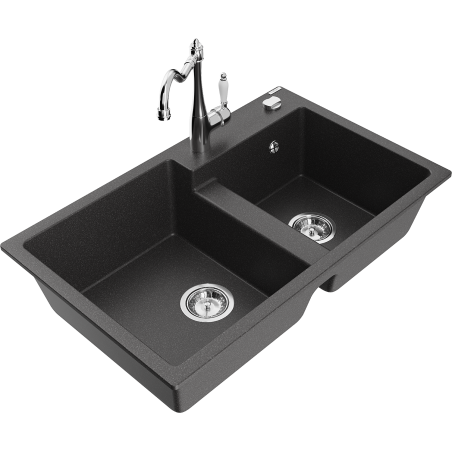 Mexen Tomas dřez granitový 2-komorový s kuchyňskou baterií Carla, černý tečkovaný - 6516-76-670700-00