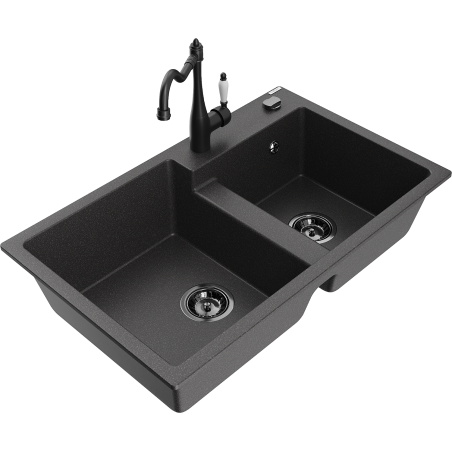 Mexen Tomas žulový dřez 2-komorový s kuchyňskou baterií Carla, černý tečkovaný - 6516-76-670700-70-B