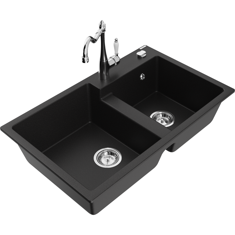 Mexen Tomas granitový dřez dvoukomorový s kuchyňskou baterií Carla, černý - 6516-77-670700-00