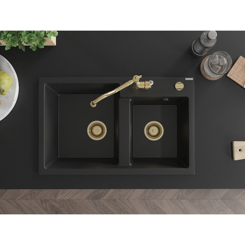 Mexen Tomas dřez granitový 2-komorový s kuchyňskou baterií Carla, černý - 6516-77-670700-50