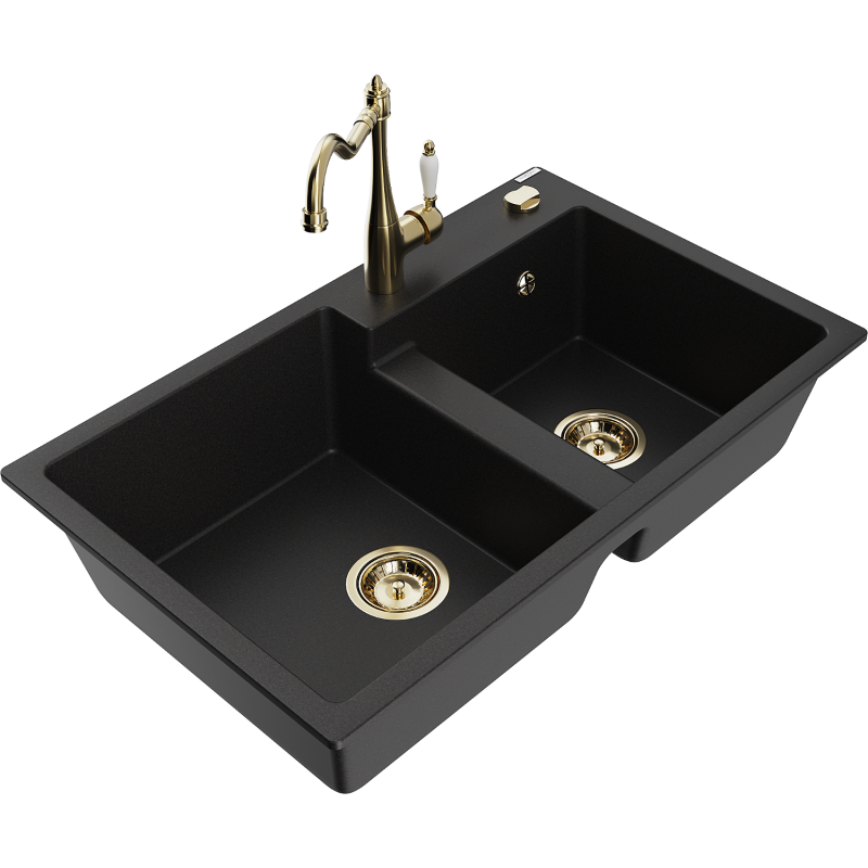 Mexen Tomas dřez granitový 2-komorový s kuchyňskou baterií Carla, černý - 6516-77-670700-50