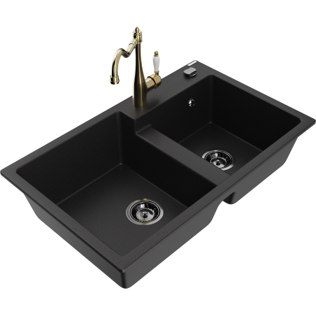 Mexen Tomas dřez žulový 2-komorový s kuchyňskou baterií Carla, černý - 6516-77-670700-50-B