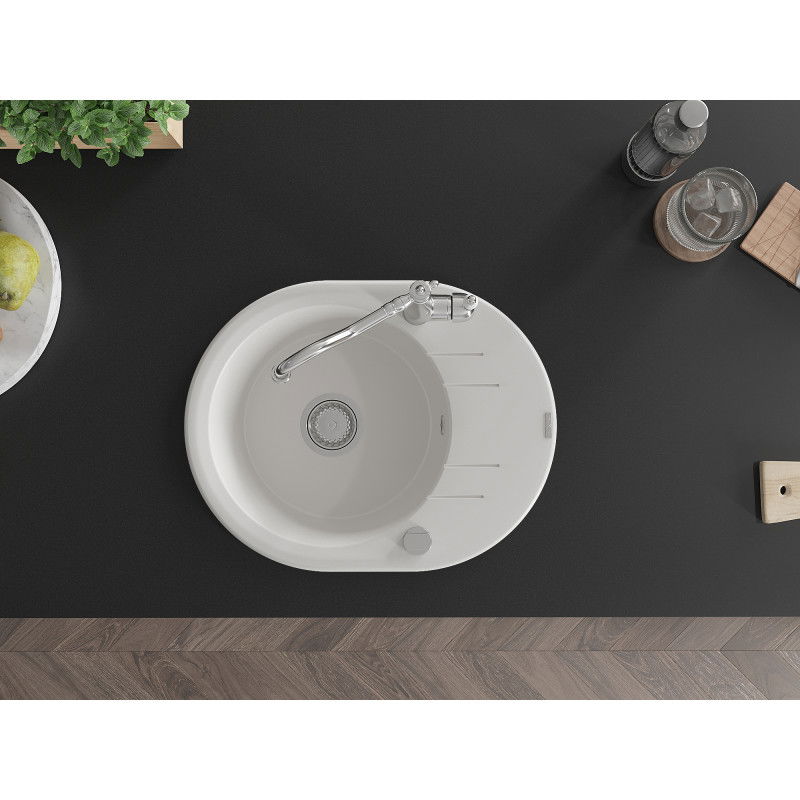 Mexen Kevin granitový dřez s 1 komorou, odkapávačem a kuchyňskou baterií Carla, bílý - 6517-20-670700-00