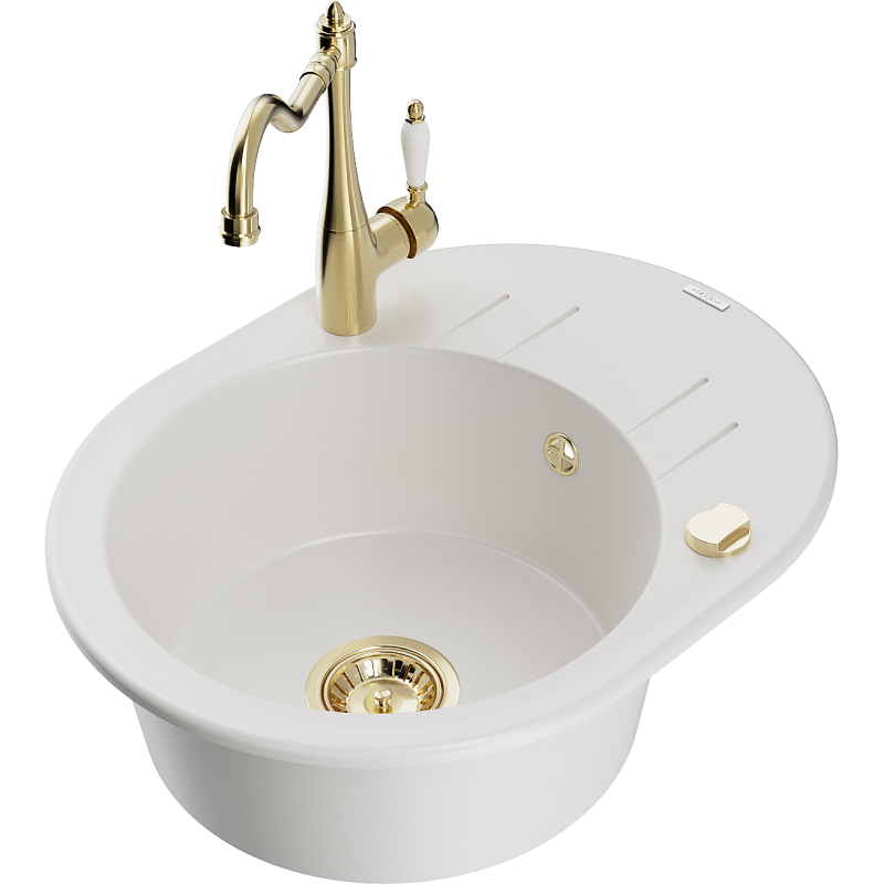 Mexen Kevin jednokomorový granitový dřez s odkapávačem a kuchyňskou baterií Carla, bílý - 6517-20-670700-50