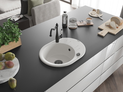 Mexen Kevin granitový dřez 1-komorový s odkapávačem a kuchyňskou baterií Carla, bílý - 6517-20-670700-70