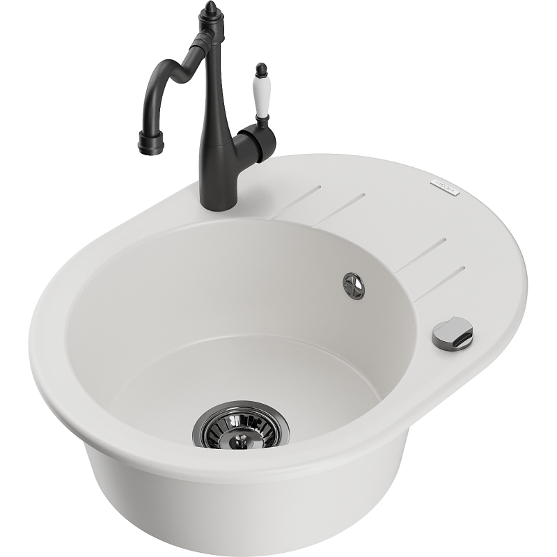 Mexen Kevin granitový dřez 1-komorový s odkapávačem a kuchyňskou baterií Carla, bílý - 6517-20-670700-70