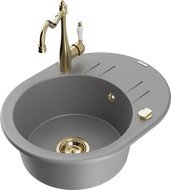 Mexen Kevin granitový dřez 1-komorový s odkapávačem a kuchyňskou baterií Carla, šedý - 6517-71-670700-50