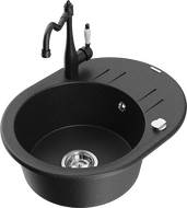 Mexen Kevin granitový dřez 1-komorový s odkapávačem a kuchyňskou baterií Carla, černý/stříbrný metalik - 6517-73-670700-70