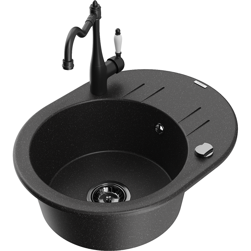 Mexen Kevin žulový dřez 1-komorový s odkapávačem a kuchyňskou baterií Carla, černý/stříbrný metalik - 6517-73-670700-70-B