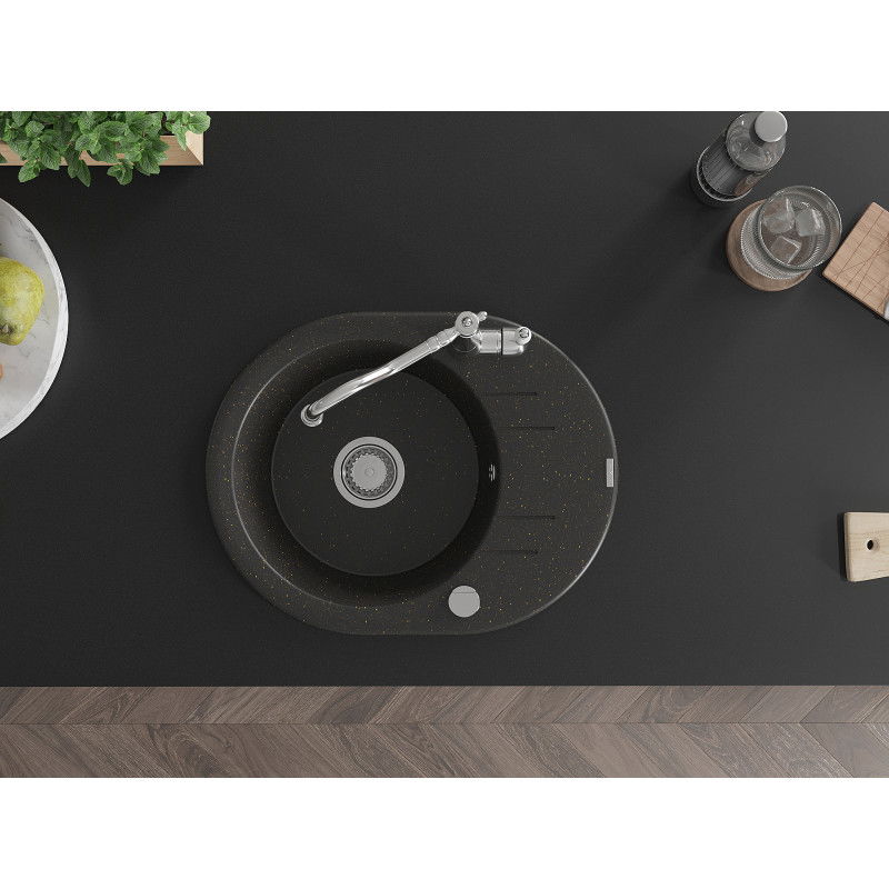 Mexen Kevin žulový dřez 1-komorový s odkapávačem a kuchyňskou baterií Carla, černý/zlatý metalický - 6517-75-670700-00