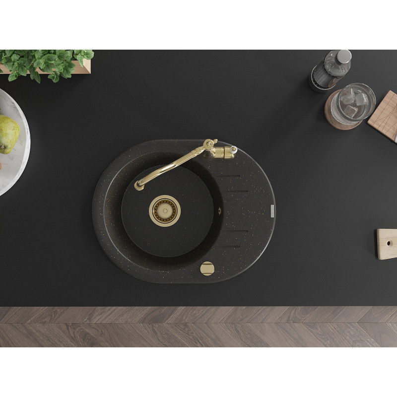 Mexen Kevin granitový dřez 1-komorový s odkapávačem a kuchyňskou baterií Carla, černý/zlatý metalik - 6517-75-670700-50