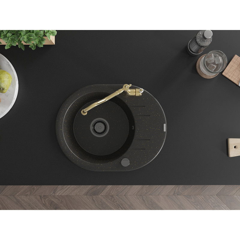 Mexen Kevin granitový dřez s 1 komorou a odkapávačem a kuchyňskou baterií Carla, černý/zlatý metalík