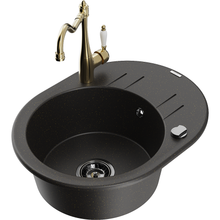 Mexen Kevin granitový dřez s 1 komorou a odkapávačem a kuchyňskou baterií Carla, černý/zlatý metalík