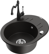 Mexen Kevin 1-komorový dřez z granitu s odkapávačem a kuchyňskou baterií Carla, černý/zlatý metalik - 6517-75-670700-70