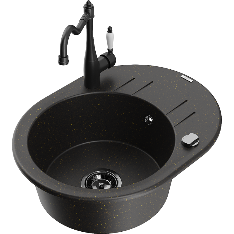 Mexen Kevin granitový dřez 1-komorový s odkapávačem a kuchyňskou baterií Carla, černý/zlatý metalik - 6517-75-670700-70-B