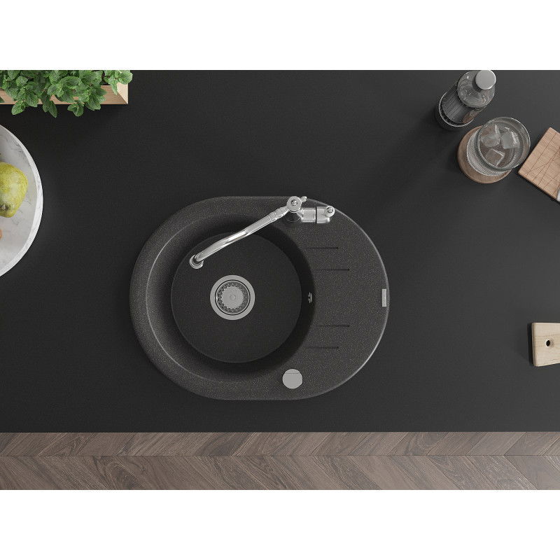 Mexen Kevin žulový jednodílný dřez s odkapávačem a kuchyňskou baterií Carla, černý s tečkami - 6517-76-670700-00