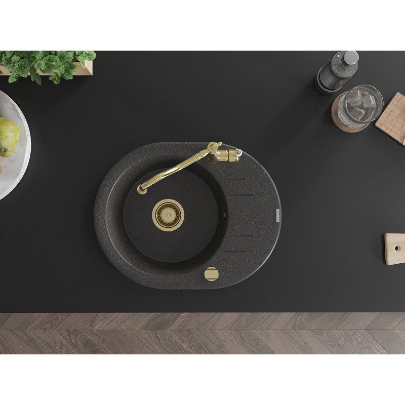 Mexen Kevin granitový dřez 1-komorový s odkapávačem a kuchyňskou baterií Carla, černý se skvrnami - 6517-76-670700-50