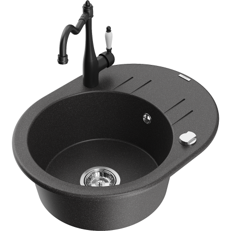 Mexen Kevin granitový dřez 1-komorový s odkapávačem a kuchyňskou baterií Carla, černý kropenatý - 6517-76-670700-70