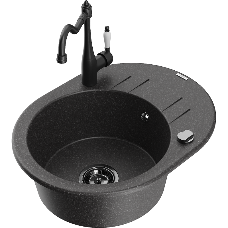 Mexen Kevin granitový dřez 1-komorový s odkapávačem a kuchyňskou baterií Carla, černý skvrnitý - 6517-76-670700-70-B